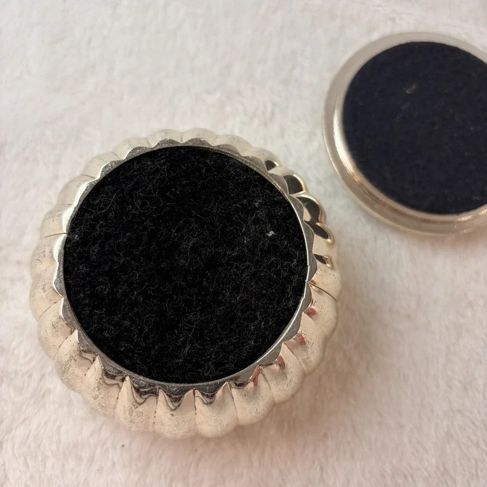 Vintage Silvertone Ribbed Round Trinket Box Rhinestone Lid Velvet Lined As Is